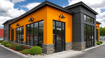 Modern restaurant exterior with vibrant orange walls and large windows