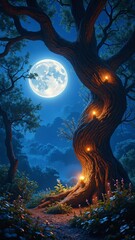 Enchanted Forest at Night with Twisted Tree and Full Moon Illumination