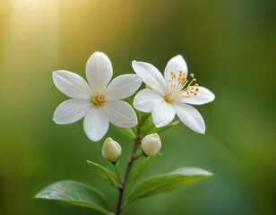 Obraz premium A delicate capture displays two jasmine blossoms with closed buds against a gentle green backdrop.