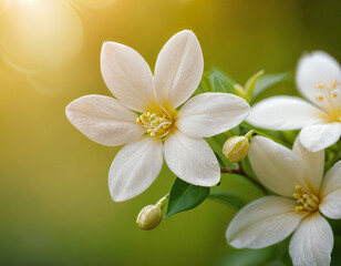 Close-up of beautiful jasmine flower with soft, diffused lighting highlighting its delicate petals.