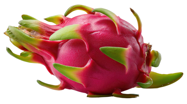 Exotic Dragon Fruit: A vibrant dragon fruit, showcasing its striking pink exterior and green scales, presents a visually captivating display of tropical flavor and freshness. 