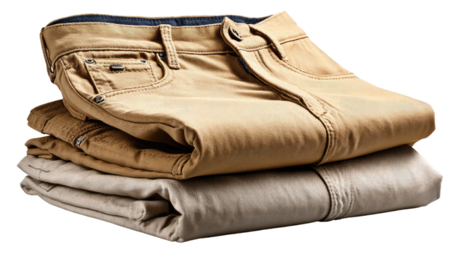 Stacked Khaki Trousers: A simple yet stylish visual of two khaki trousers, neatly folded and stacked atop one another, displaying their texture, form, and details. 