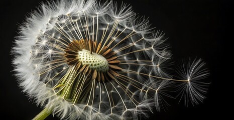 Fototapeta premium Closeup of a Dandelion Seed Head with Delicate White Seeds Against a Black Background