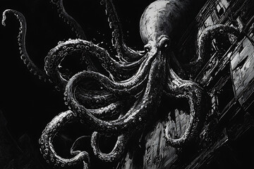 A colossal octopus emerges from the depths, wrapping its tentacles around a submerged cityscape