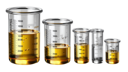 Transparent Beakers with Liquid: A group of clear glass beakers, each precisely holding a different measure of amber liquid, arranged for a scientific or laboratory presentation.