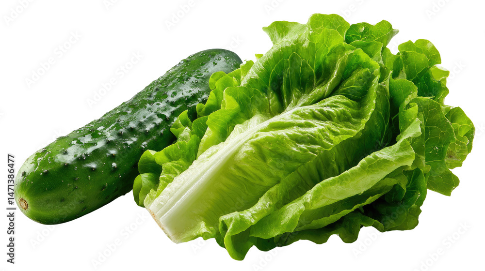 Poster fresh cucumber and lettuce: a crisp and clean image showcasing a fresh cucumber and a vibrant head o