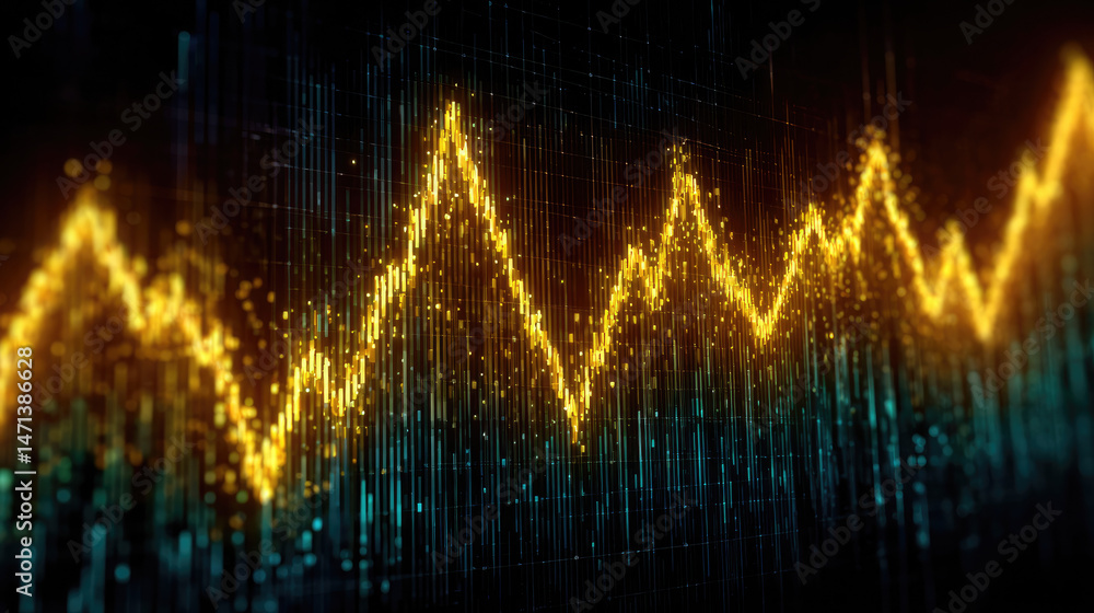 Poster abstract visualization of a fluctuating data graph in glowing gold and blue tones.