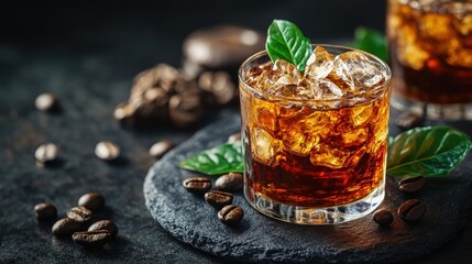 Fototapeta premium Iced coffee cocktail with ice cubes and green leaf garnish stands enticingly on a dark stone surface surrounded by scattered coffee beans in a moody setting.