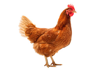 Fototapeta premium Brown chicken standing isolated farm bird poultry hen animal livestock, chicken, hen, farm, bird, poultry, animal, livestock, brown, agriculture, avian, isolated, black background, domestic, fowl