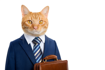 Business cat in suit holding briefcase ready for a meeting, cat, business, suit, briefcase, animal, tie, feline, professional, executive, businessman, isolated, portrait, pet, work, office, job