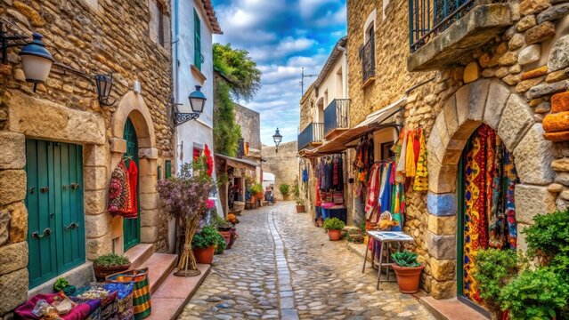 Ancient stone walls and narrow streets lined with old town buildings and colorful markets in Calella de Palafrugell old town , cobblestone streets, calella de palafrugell