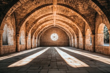 Obraz premium Ancient arched stone hall, sunlit interior