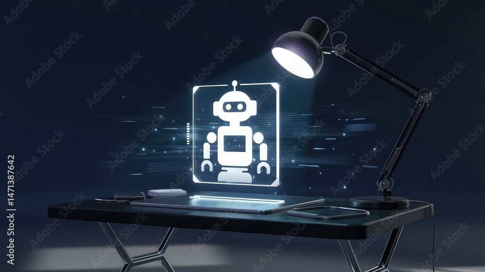 Poster ai innovation: a futuristic desk setup illuminates a glowing robot icon, hinting at cutting-edge tec