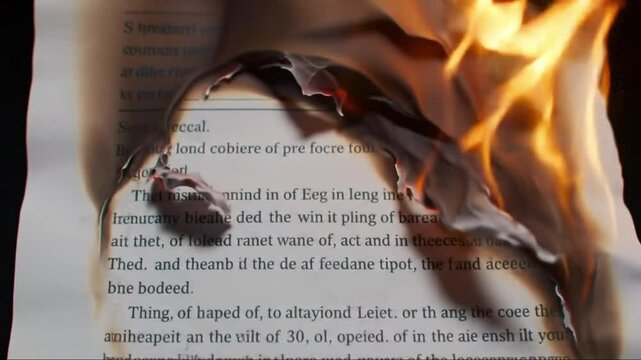 Burning page with blurred text against a dark background  