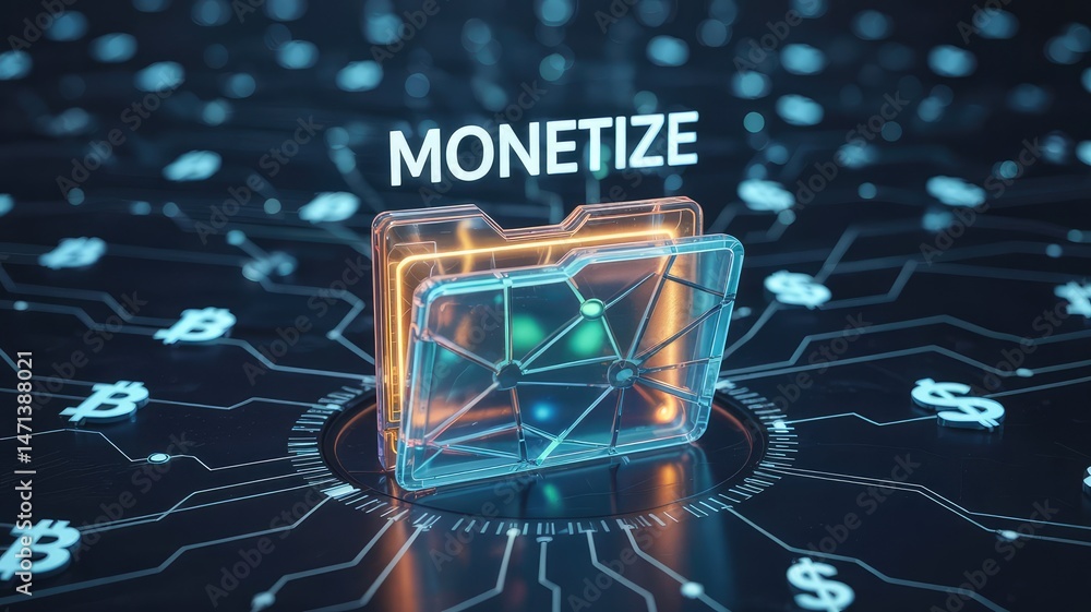 Poster digital monetization: an eye-catching visualization of digital file folder glowing with 