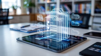 Digital Archives: A modern office setting showcases a digital tablet displaying a glowing hologram of digital documents, symbolizing innovation and data management.