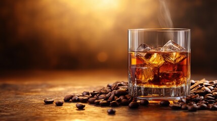 A steaming glass of amber liquor with ice sits on a rustic surface adorned with scattered coffee beans, evoking a sense of warmth and induence displayed beautifully.