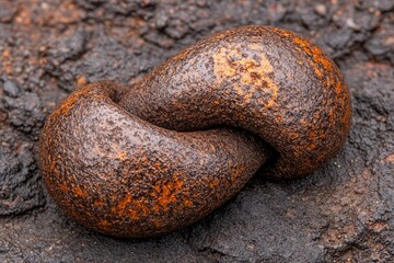 Rusty knot on dark metal.  Close-up of a corroded, intertwined metal object, showing deep orange-brown rust patterns on a dark textured metal surface