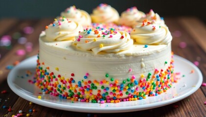 Delicious birthday cake covered in rainbow sprinkles, festive and sweet , blueberry, sprinkles