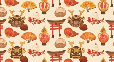 Japanese Culture Pattern: Samurai, Koi, Torii Gate