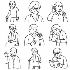 老人(おじいちゃん＆おばあちゃん)のイラストセット
