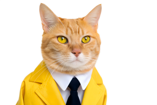 Ginger cat wearing yellow suit and tie on black background, cat, ginger cat, tabby cat, business cat, cat suit, pet, animal, domestic animal, feline, yellow suit, business, tie, formal wear, studio