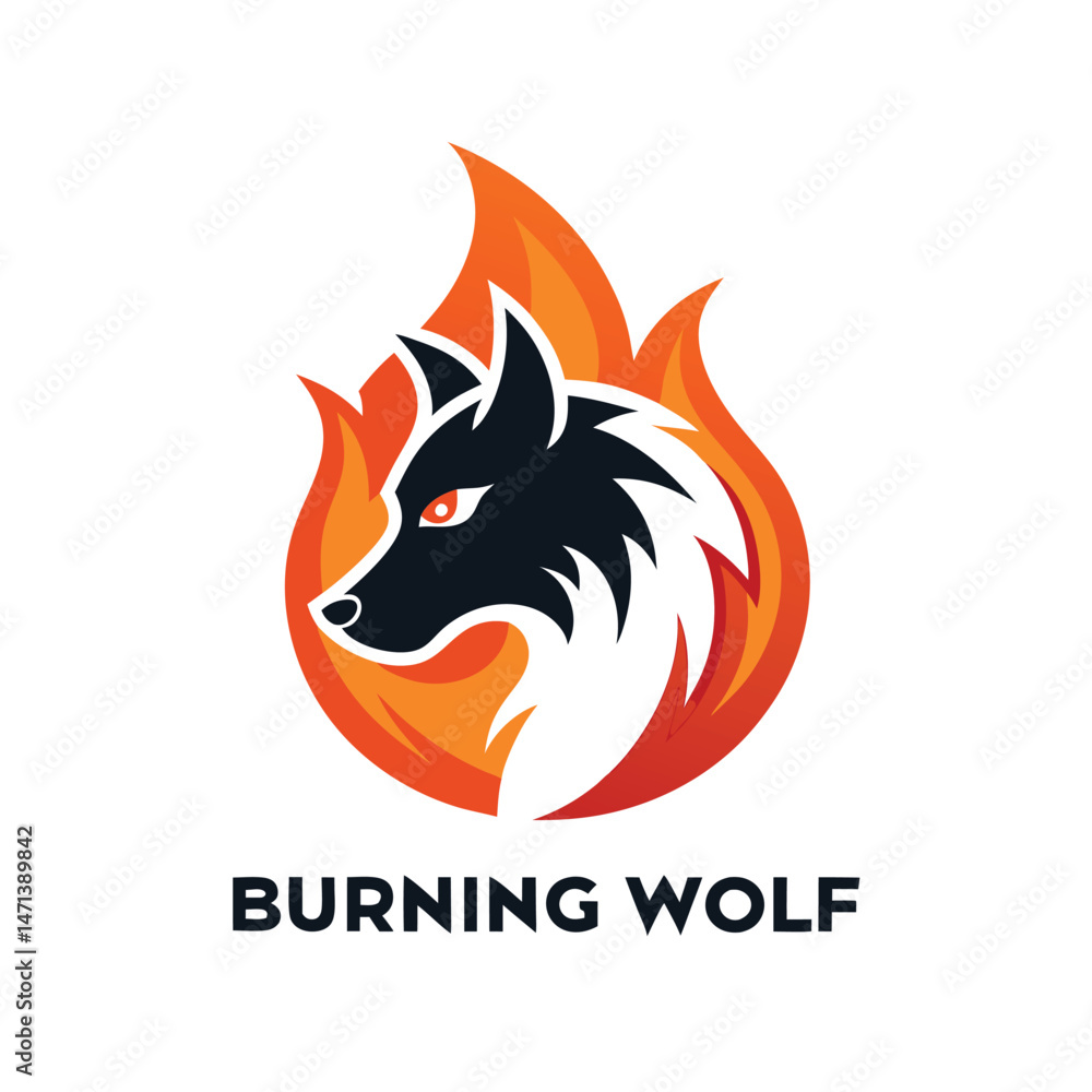 Poster creative burning wolf logo design with vibrant flames and striking features for versatile branding u