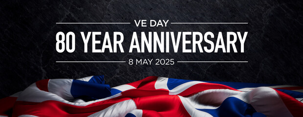 Dramatic VE Day 80th Anniversary Tribute with Union Jack on Dark Textured Background