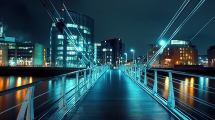 Fototapeta premium Night Cityscape: Illuminated Bridge and Modern Architecture Reflecting on the Water