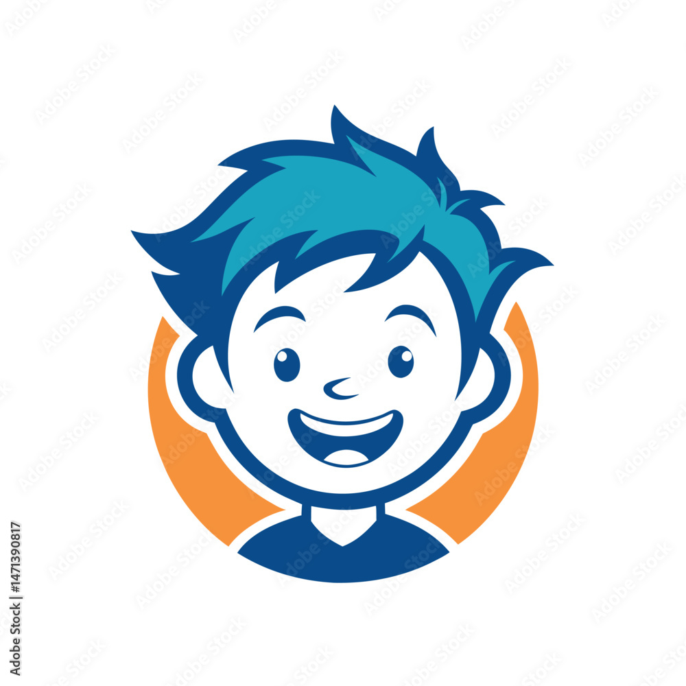 Poster Vector illustration of a smiling boy with stylish hair in a circular frame, featuring a vibrant teal background and simple design elements for use in various graphic applications