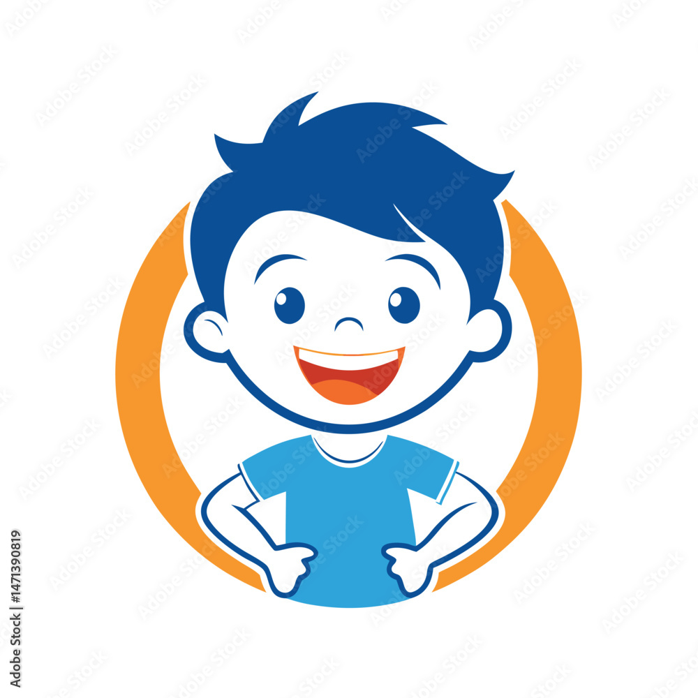 Aufkleber Vector illustration of a smiling boy with stylish hair in a circular frame, featuring a vibrant teal background and simple design elements for use in various graphic applications