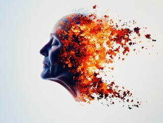 dementia memory diagnosis memories visual concept. Elderly face transforming into colorful particles.