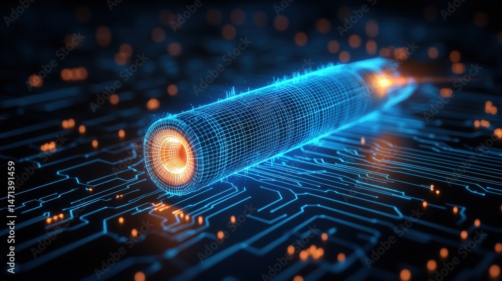 Poster a digital representation of a futuristic battery with a glowing core sits on a circuit board backgro