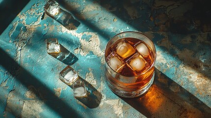 The golden amber liquor in a glass tumbler is illuminated by sunlight casting shadows on the rustic blue tabletop scattered with ice cubes under bright light.