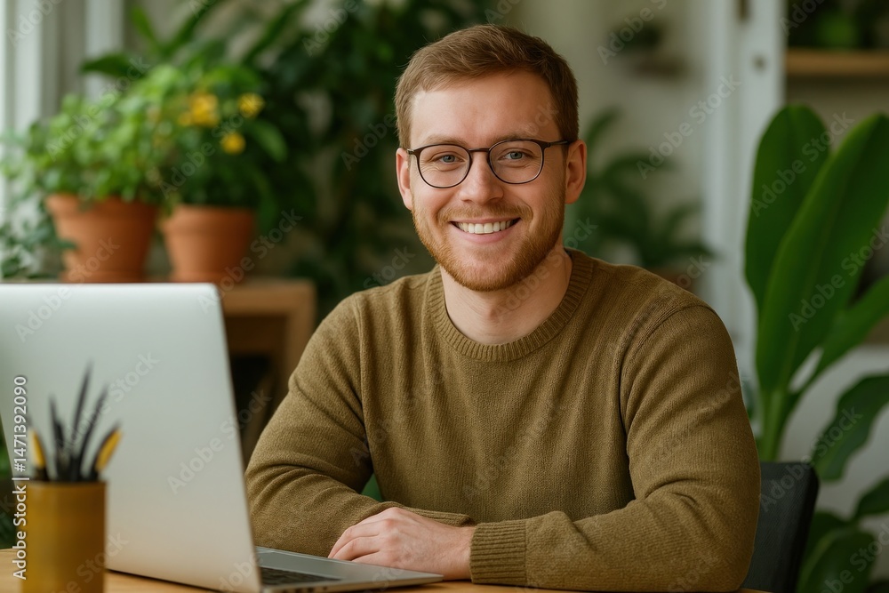 Poster smiling man working remotely.
