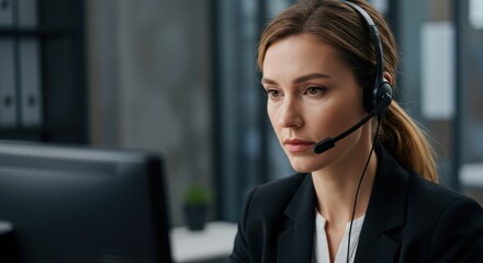 Focused female customer service representative on headset