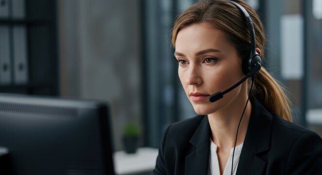 Focused female customer service representative on headset