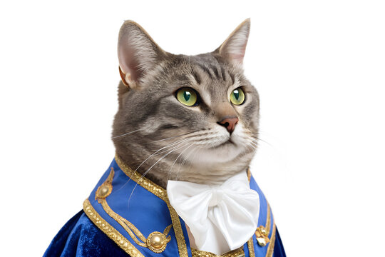 Regal grey tabby cat dressed in a royal blue costume, cat, grey tabby, pet, animal, costume, dressed up, royal blue, elegance, nobility, fancy, feline, green eyes, portrait, studio shot, black