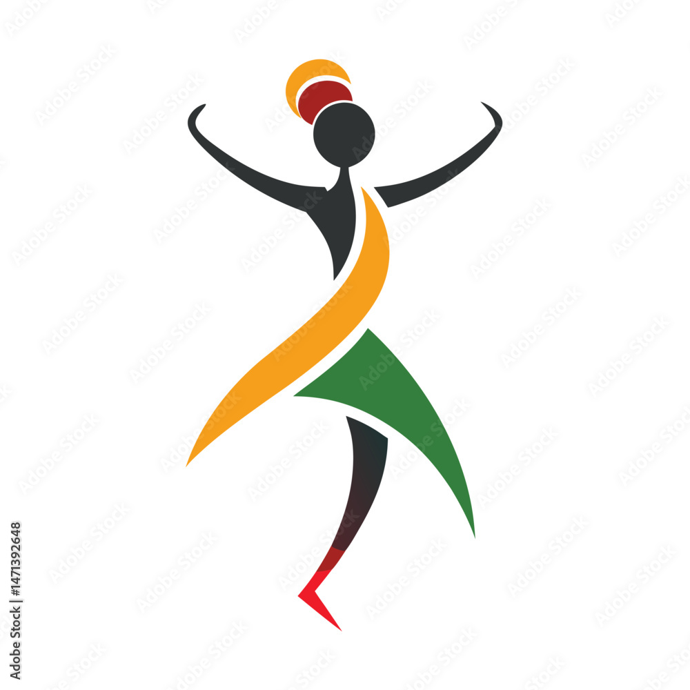 Poster vibrant dancer logo design showcasing joyful movement in an artistic vector style with colorful acce