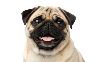 Smiling pug portrait close up on black background studio shot, pug, dog, pet, animal, canine, breed, portrait, studio, closeup, cute, funny, happy, smile, tongue, isolated, black, background, purebred