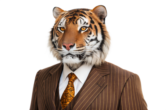 Tiger head in a suit anthropomorphic animal concept on black background, tiger, animal, head, suit, business, businessman, anthropomorphic, concept, strange, tie, pinstripe, black, background, isolate
