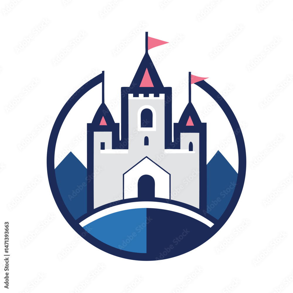 Poster vector illustration of a castle logo design featuring three towers and a shield emblem representing 