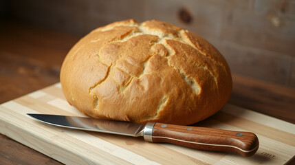 Fresh homemade leavened round bread on the cutting board. An old knife with a wooden handle is lying in front of it. Beautiful rustic background.