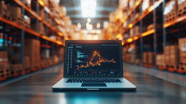 Laptop displaying financial analytics in a warehouse environment showing boxes and inventory on shelves.
