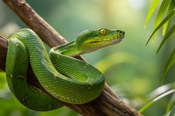 Fototapeta premium Vibrant Green Snake on Branch in Natural Forest Light – Wildlife Macro Photography