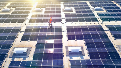 A bird's-eye view of a solar panel field highlights the vast potential of renewable energy and...