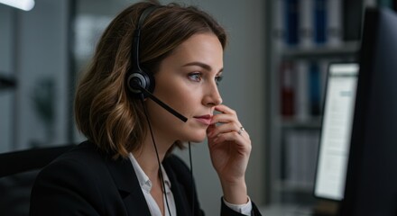 Focused female customer service representative working at computer