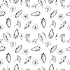 Almond vector seamless pattern hand drawn with ink. Black and white nuts and flowers .Template for food and drink label design and textile decoration
