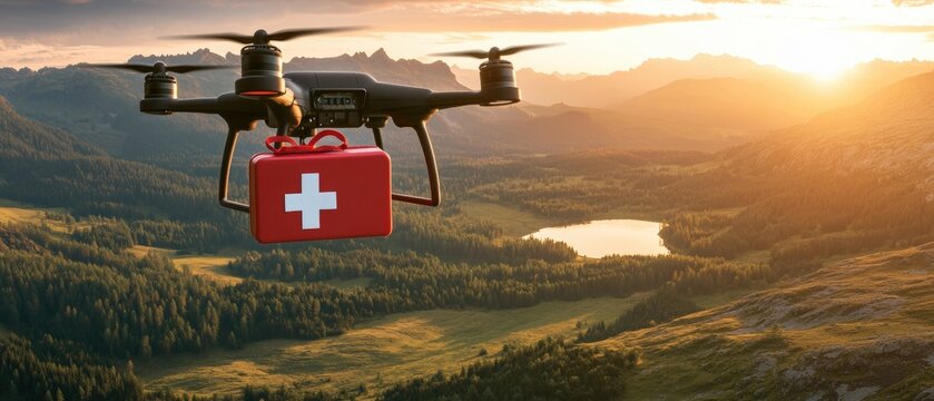 Drone delive first aid kit flies over a mountain landscape at sunset for emergency medical services.