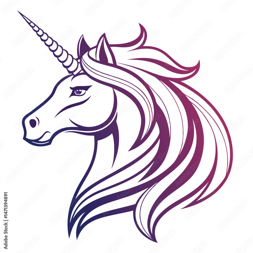 Aufkleber elegant unicorn logo vector illustration featuring a detailed mane and spiraled horn designed with v